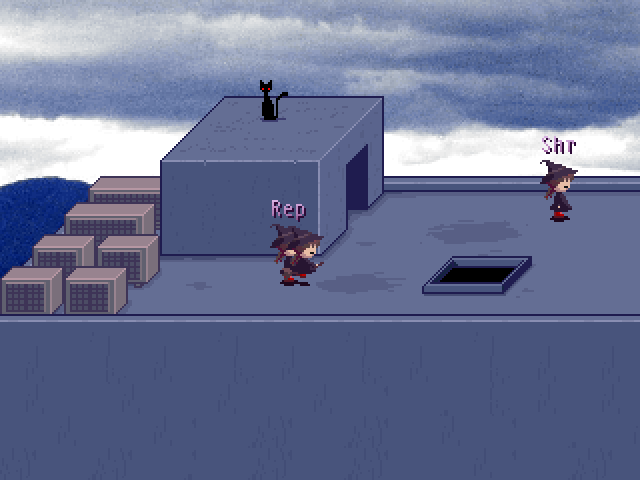 screenshot of yume nikki online. three madotsukis with witch effect are on the mall top floor, with the view of a blue sky and a black cat on the rooftop as well. one madotsuki has the word rep on her head. another has shr.